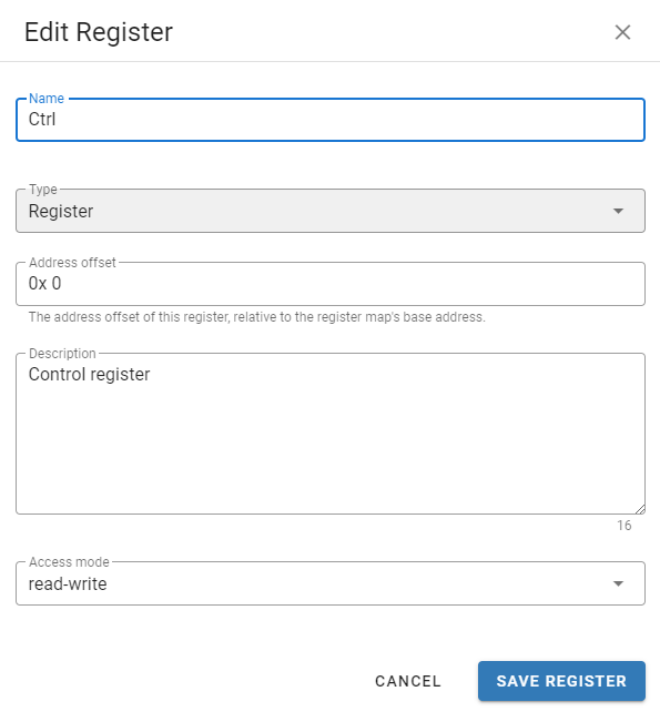 Edit Register Dialog