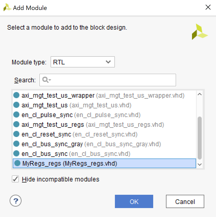 The Add Module dialog, where you can select RTL components or modules to add to the block design.